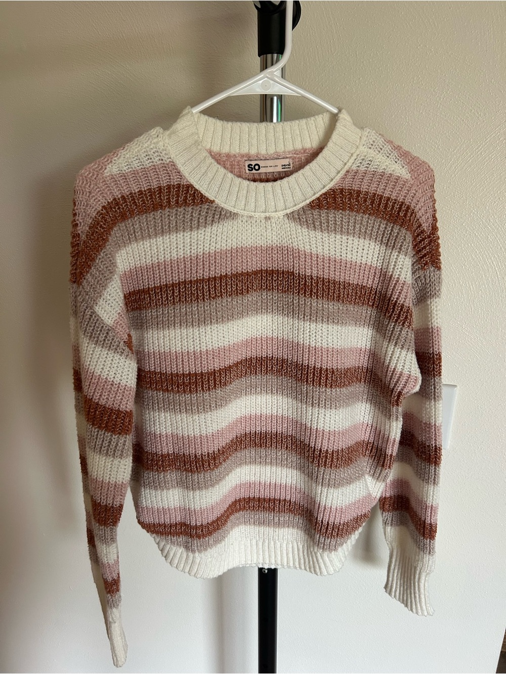 SO Striped Crewneck Sweater in Cream, Pink & Brown
